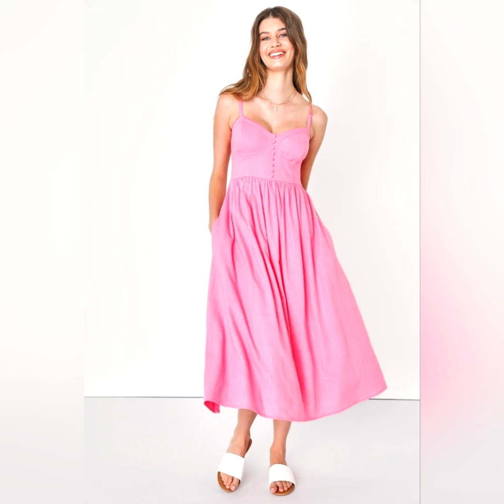 Lulus Feeling Adorable Pink Linen Bustier Midi Dress With Pockets XS